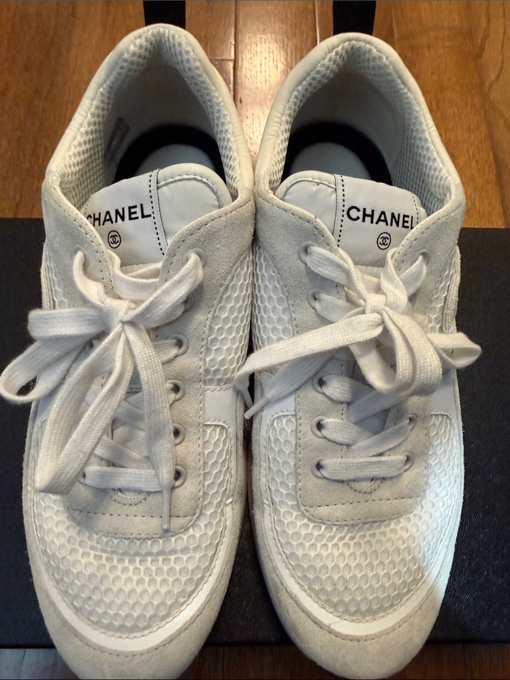 CHANEL Off-White Mesh & Suede Lace-Up Sneakers